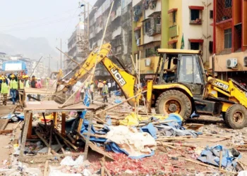Illegal constructions demolished in Mumbai amid heavy security deployment following clashes during Ayodhya Ram mandir pran pratishtha celebrations.